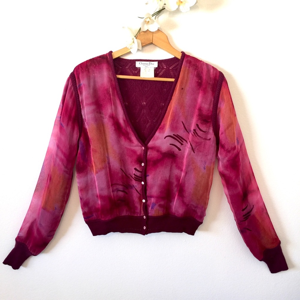 Christian Dior Pink Knit & Chiffon Cardigan Sz 4